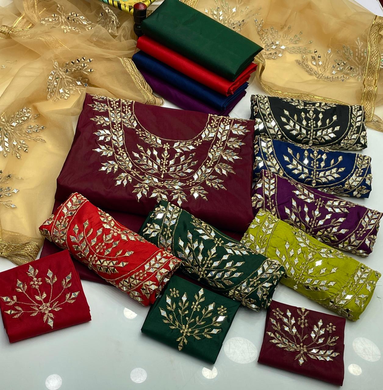 Royal Mirror & Zari Embroidered Kattan Silk Ensemble Suit (3-Pc)