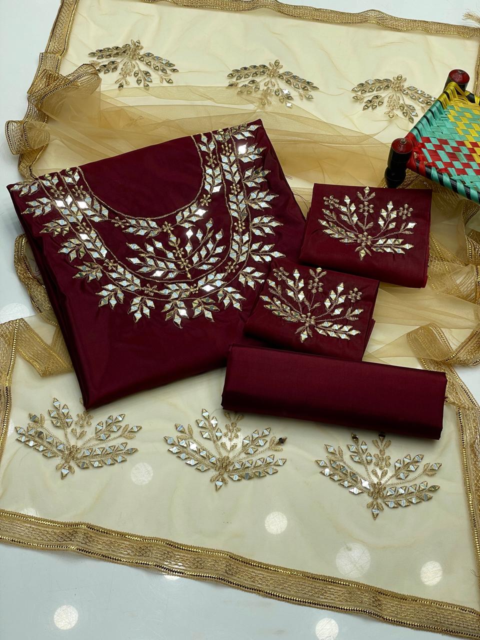 Royal Mirror & Zari Embroidered Kattan Silk Ensemble Suit (3-Pc)