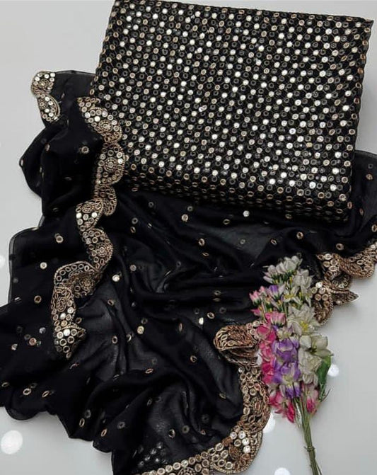 Heavy Sheesha & Zari Embroidered Chiffon Suit with Cutwork Dupatta (3-Pc)