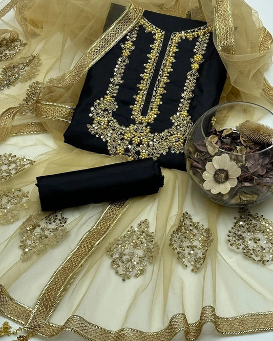 Exquisite Ari & Nagina Bead Embroidered Kattan Silk Ensemble 3 Piece Suit for Women