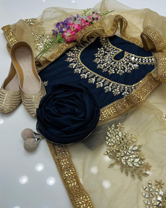 Kataan Suit with Net Mirror Work Dupatta
