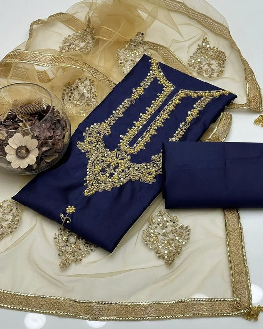 Exquisite Ari & Nagina Bead Embroidered Kattan Silk Ensemble 3 Piece Suit for Women