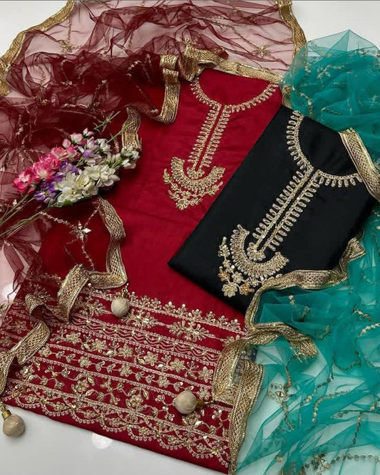 Heavy Embroidered Kattan Silk Suit (3-Pc)