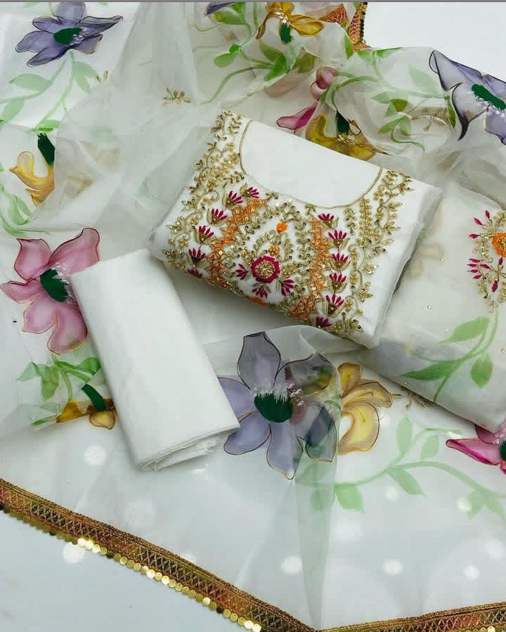 Regal Hand-Embroidered Organza & Kataan Silk Ensemble Suit (3-Pc)