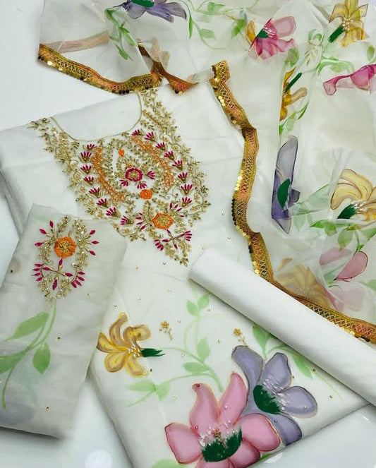 Regal Hand-Embroidered Organza & Kataan Silk Ensemble Suit (3-Pc)