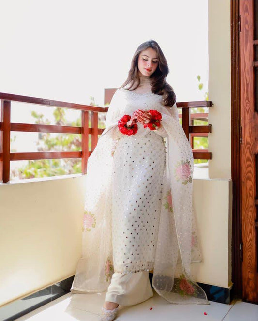 Royal Mirror Work Organza Suit (3-Pc)