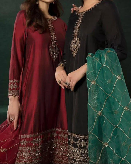 Heavy Embroidered Kattan Silk Suit (3-Pc)