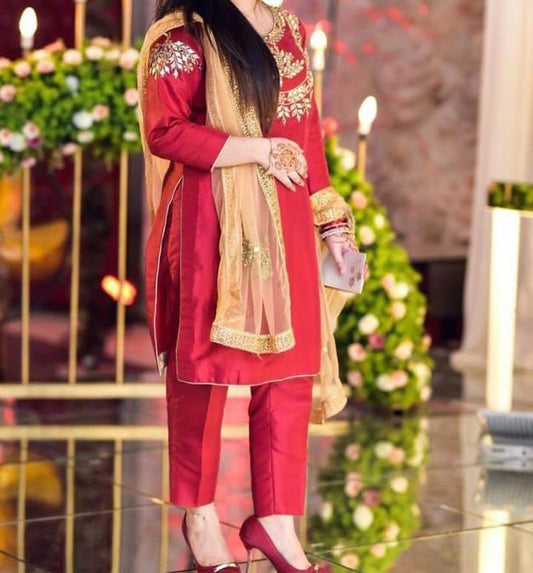 Royal Mirror & Zari Embroidered Kattan Silk Ensemble Suit (3-Pc)