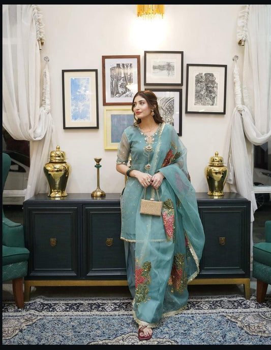 Hand-Embroidered Organza Suit with Zari Sequins & Painted Dupatta (2-Pc)