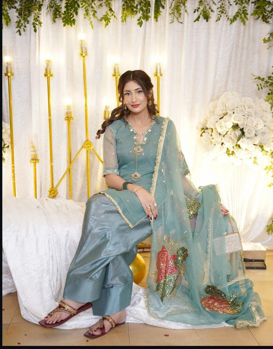 Hand-Embroidered Organza Suit with Zari Sequins & Painted Dupatta (2-Pc)