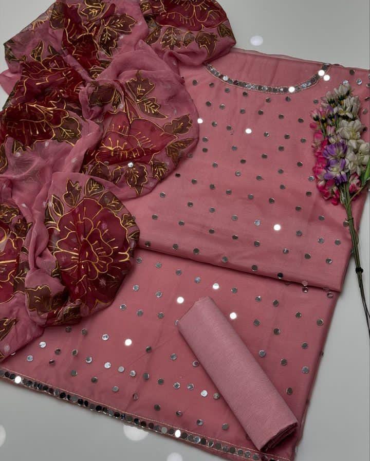 Royal Mirror Work Organza Suit (3-Pc)