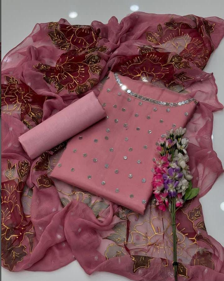 Royal Mirror Work Organza Suit (3-Pc)