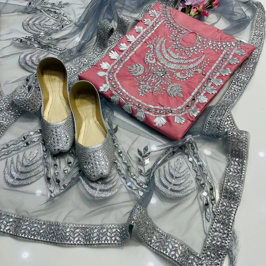 Kataan Silk 4-Piece Unstitched Dress with Mirror Work