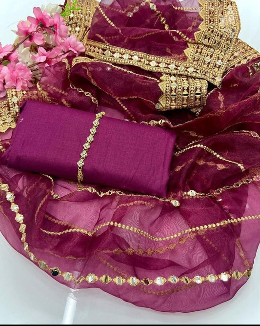Kataan Silk 3-Piece Unstitched Suit with Organza Embroidered Dupatta