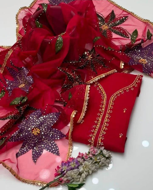 Stunning Stone & Bead Embroidered Organza Ensemble 2 Piece Suit