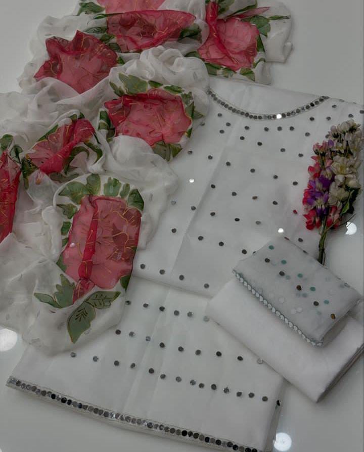 Royal Mirror Work Organza Suit (3-Pc)
